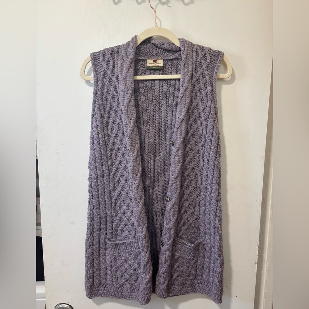Carraig Donn Merino Irish Wool Snap Fisherman Cable Knit Sweater Vest Ireland M
